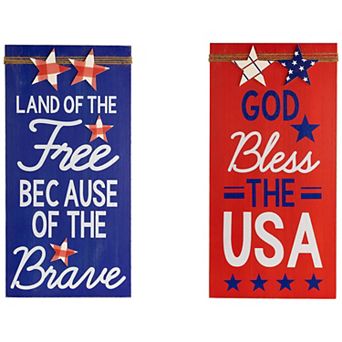Northlight God Bless the USA & Land of the Free Patriotic Wooden Plaque Wall Decor 2 pc Set