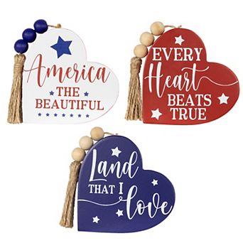 Northlight Patriotic Hearts with Beaded Tassels Wooden Signs Set of 3