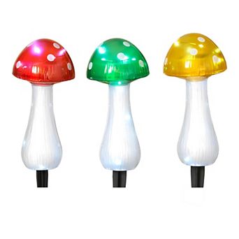 Gerson Set of 3 Solar Lighted 12.2 inch Mushroom Garden Stakes