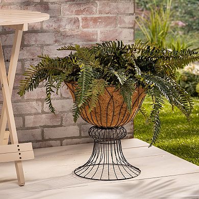Gerson 16.5-in. Round Black Metal Wire Planter on Stand with Mat Liner