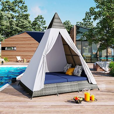 Merax Outdoor Sunbed With Colorful Pillows, Wicker Patio Daybed With Cushions