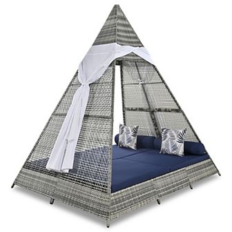 Merax Outdoor Sunbed With Colorful Pillows, Wicker Patio Daybed With Cushions