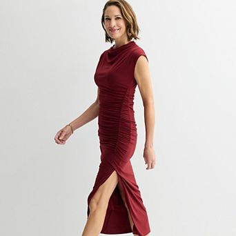 Women's Robbie Bee Side Rouched Funnel Neck Midi Dress