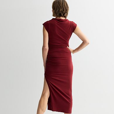 Women's Robbie Bee Side Rouched Funnel Neck Midi Dress
