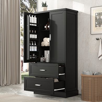 Tall Bathroom Storage Cabinet, Cabinet with Two Doors and Drawers, Adjustable Shelf