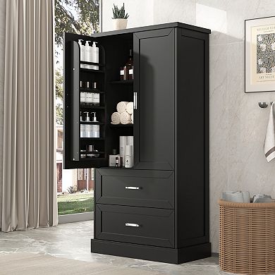 Tall Bathroom Storage Cabinet, Cabinet with Two Doors and Drawers, Adjustable Shelf
