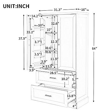 Tall Bathroom Storage Cabinet, Cabinet with Two Doors and Drawers, Adjustable Shelf