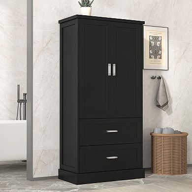 Tall Bathroom Storage Cabinet, Cabinet with Two Doors and Drawers, Adjustable Shelf