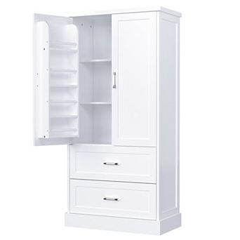 Tall Bathroom Storage Cabinet, Cabinet with Two Doors and Drawers, Adjustable Shelf