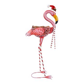 Evergreen Enterprises 39 in Metal Winter Flamingo Planter with Santa Hat