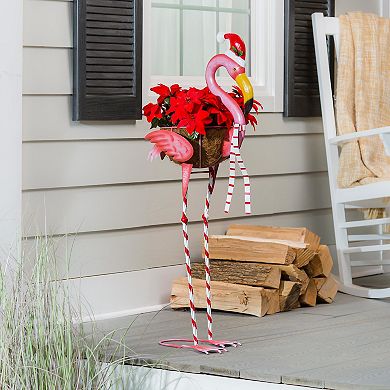 Evergreen Enterprises 39 in. Metal Winter Flamingo Planter with Santa Hat