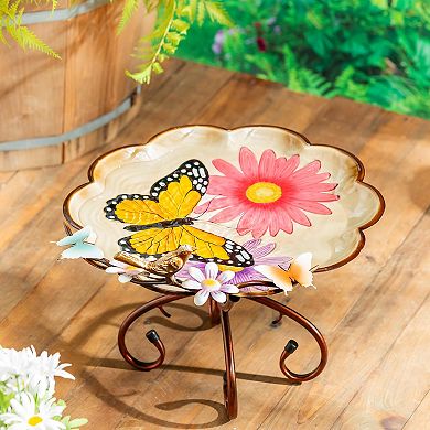 Evergreen Enterprises Butterfly & Flowers Metal Sculpted Edge Bird Bath