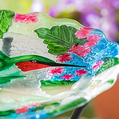 Evergreen Enterprises 18" Hand Painted and Embossed Hummingbird Bouquets Glass Shaped Bird Bath