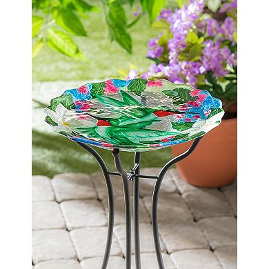 Evergreen Enterprises 18" Hand Painted and Embossed Hummingbird Bouquets Glass Shaped Bird Bath