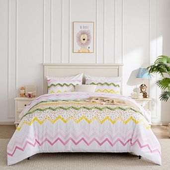 Wholinens Chevron Matellaic Printed Tufted Micro Suede Duvet Cover Set