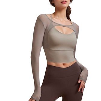 Women's Long Sleeve Mesh Cropped Activewear Top with Cutout Detail and Sheer Sleeves