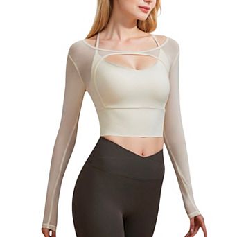 Women's Long Sleeve Mesh Cropped Activewear Top with Cutout Detail and Sheer Sleeves