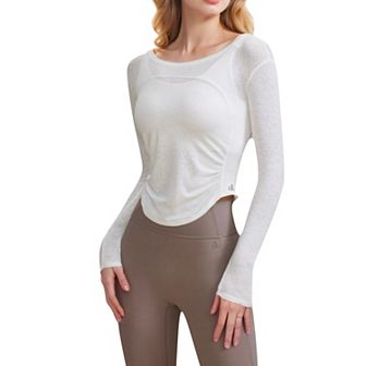 Women's Long Sleeve Fitted Activewear Top with Side Ruching and Scoop Neck