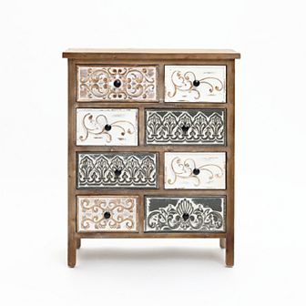 LuxenHome 8-Drawer 32" H x 25.8" W Rustic Carved Wood Accent Chest