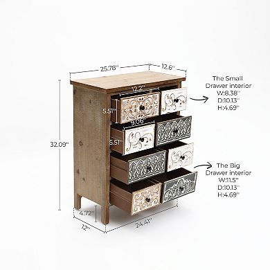 LuxenHome 8-Drawer 32" H x 25.8" W Rustic Carved Wood Accent Chest