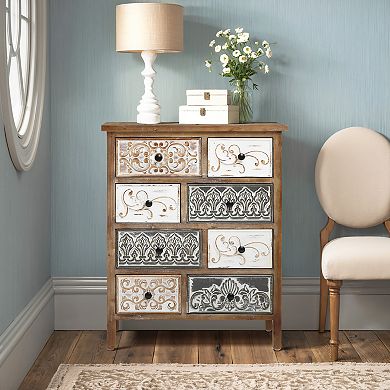 LuxenHome 8-Drawer 32" H x 25.8" W Rustic Carved Wood Accent Chest