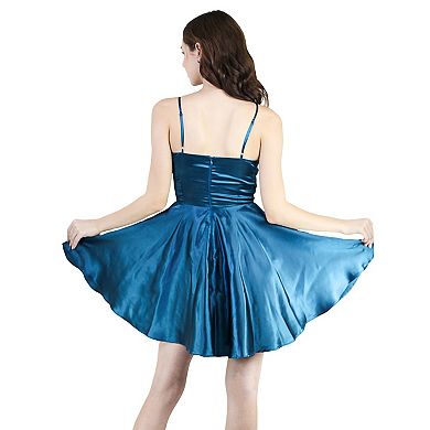 Women's Spaghetti Strap V-Neck Satin Mini Skater Dress