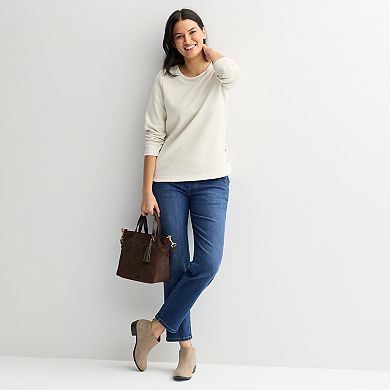 Petite Croft & Barrow® Round Neck Button Sweatshirt