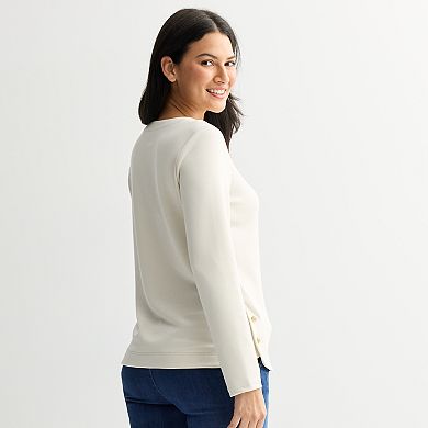 Petite Croft & Barrow® Round Neck Button Sweatshirt