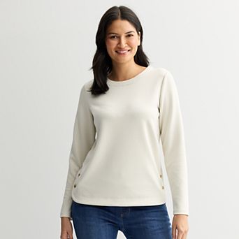 Petite Croft & Barrow® Round Neck Button Sweatshirt