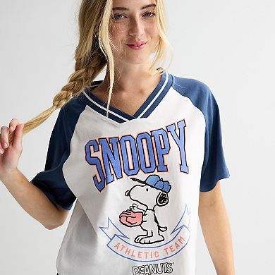 Juniors' Peanuts Snoopy Boxy V-Neck Graphic Tee