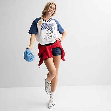 Juniors' Peanuts Snoopy Boxy V-Neck Graphic Tee
