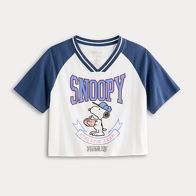 Juniors' Peanuts Snoopy Boxy V-Neck Graphic Tee