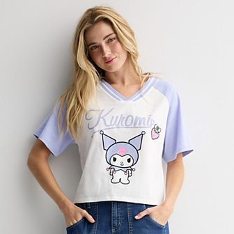 Juniors' Kuromi Boxy V-Neck Short Sleeve Tee