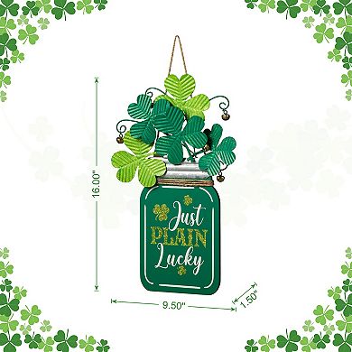 Glitzhome 16"H St. Patrick's Wooden/Metal Mason Jar with Shamrock Door Hanger