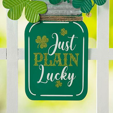 Glitzhome 16"H St. Patrick's Wooden/Metal Mason Jar with Shamrock Door Hanger