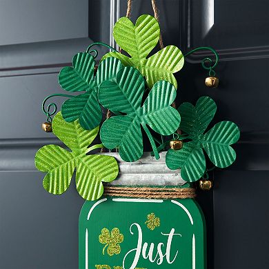 Glitzhome 16"H St. Patrick's Wooden/Metal Mason Jar with Shamrock Door Hanger