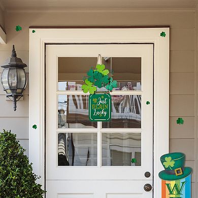 Glitzhome 16"H St. Patrick's Wooden/Metal Mason Jar with Shamrock Door Hanger
