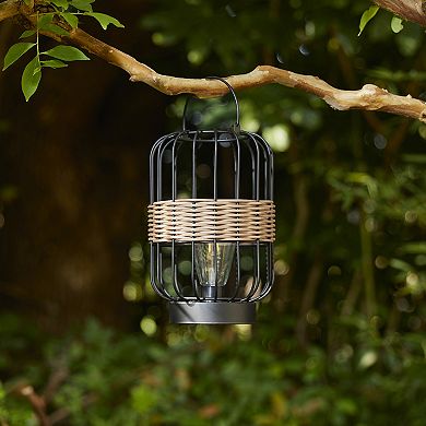 Glitzhome 11.75"H Metal Wire Faux Rattan Solar Powered Outdoor Lantern