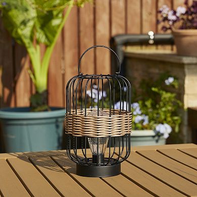 Glitzhome 11.75"H Metal Wire Faux Rattan Solar Powered Outdoor Lantern