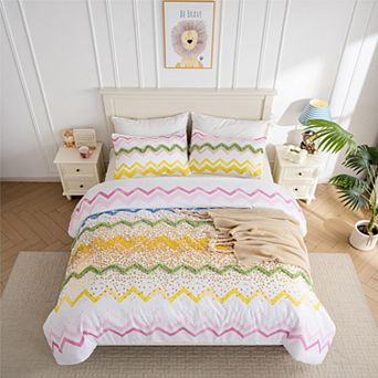 Wholinens Chevron Matellaic Printed Tufted Micro Suede Comforter Set