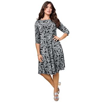 Roaman's Women's Plus Size 3/4 Sleeve Boatneck Swing Dress