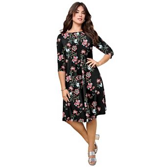 Roaman's Women's Plus Size 3/4 Sleeve Boatneck Swing Dress