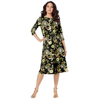 Roaman's Women's Plus Size Ultrasmooth Plus Size Boatneck Swing Dress Flowy, Wrinkle-Resistant