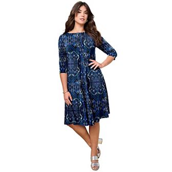 Roaman's Women's Plus Size Plus Size 3/4 Sleeve Boatneck Swing Dress