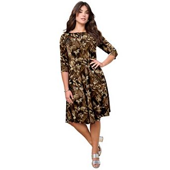 Roaman's Women's Plus Size Plus Size 3/4 Sleeve Boatneck Swing Dress