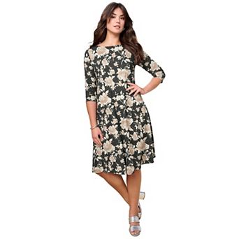 Roaman's Women's Plus Size 3/4 Sleeve Boatneck Swing Dress