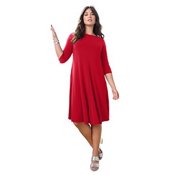 Roaman's Women's Plus Size Petite Plus Size 3/4 Sleeve Boatneck Swing Dress