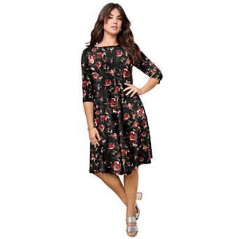 Roaman's Women's Plus Size 3/4 Sleeve Boatneck Swing Dress