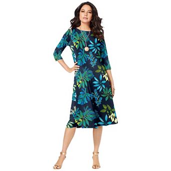 Roaman's Women's Plus Size 3/4 Sleeve Boatneck Swing Dress