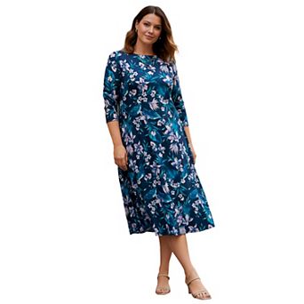 Roaman's Women's Plus Size Petite Plus Size 3/4 Sleeve Boatneck Swing Dress